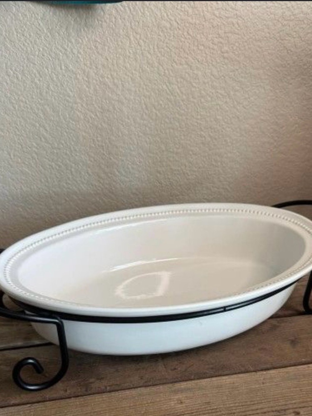 White Ceramic Oval Serving Bowl with Black Metal Stand